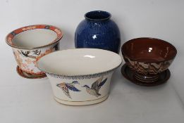 A hand thrown blue glazed large vase, Italian trough vase with duck in flight decoration, Japanese