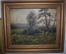 An early 20th century oil on board painting in framed of a rural scene