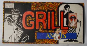 A painted wooden restaurant advertising sign ` Grill Sign ` in comic strip style