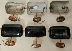 A set of 6 (5+1 slightly smaller_  wall mounted green glass and gilt metal bankers lights / lamps.