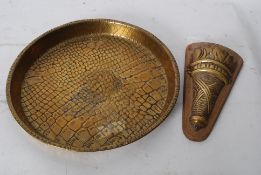 1920`s Olympic flame brass wall pocket together with a crocodile skin embossed brass tray