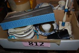 A mixed lot to include 4 Johnson Brothers plates, bowl, carving set, brass bowl, plastic model kit