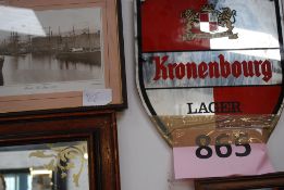 A vintage Kronenbourg advertising pub mirror, along with a framed picture of Bristol docks and