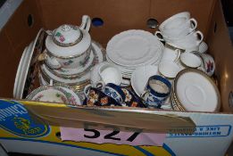 A box of china to include Wedgwood tea set, Booths, Royal Doulton etc.