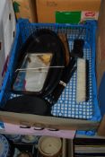 A 20th Century wooden vanity set along with wooden puzzle box etc.