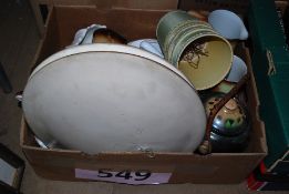 A box of ceramics to include  vintage chargers, dove tureen etc