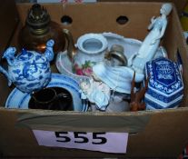 A box of mixed china, 2 chinese bowls, tea pot, 2 figurines etc.