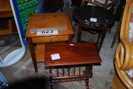 Three tables, a 1930's oval pie crust top barley twist legs. A teak table with drawer and under