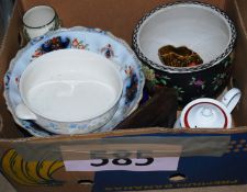 A box of china to include Poole, Royal Doulton vase, glass plates, Sylvac etc