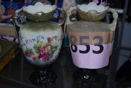 A pair of 1930's coloured glazed flower vases, in a Rose pattern.