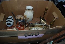 A box to include Crown Ducal vase, Victorian silver plate teapot, coloured glass ornaments brass