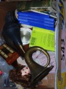 A vintage brass horn, die cast cars, gas mask, books, playstation 2 games etc