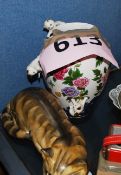 A Franklin Mint Imperial Cats vase along with a large figurine of a cat.