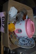 A mixed lot of items to include soapstone vase, plates and other items.