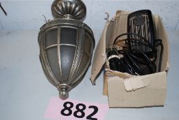A mixed lot to include metal hanging lamp, foot pedal, sewing machine parts, lamp etc.