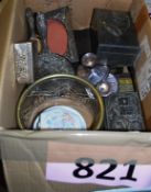 A box to include silver plate candlesticks, trinket boxes, canteen of cutlery and other items