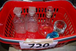 A Mdina glass vase along with 3 glass decanters and a crystal palace glass