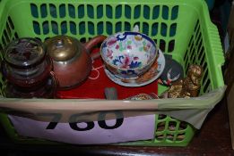 A mixed box to include Japanese and oriental cups, bird figurine, brass figures etc.