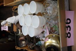 A box of mixed items to include 8 goblets, glass dishes, wooden carvings and other items.