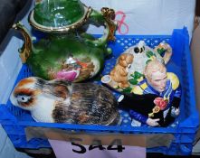 A Duke of Wellington teapot along with two others and a rabbit