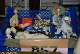 A mixed lot of items to include a china shoe and handbag, animal figurines, small brass clocks and
