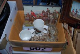 A box of hunting cups, glasses, tot glasses etc.