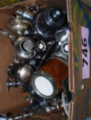 A large quantity of vintage silver plate items to include a teak wood biscuit barrell, tankards,