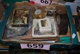 A mixed lot to include clocks, place mats, hand mirror and hand pump.