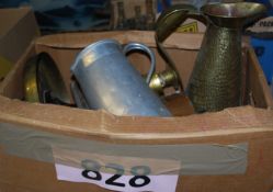 A box to include brass lamp, jug, trays etc, Also cider measures etc