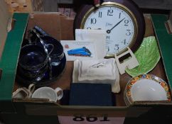 A mixed lot of items to include a butter dish, Ivory Ware bowls and plates, green leaf dish,
