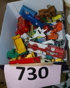 A collection of diecast toy cars to include tinplate, Matchbox, Corgi Fire Engine and others.