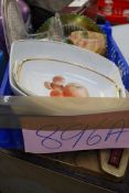A box of mixed items to include bowls, plates, glass cake stand and others.