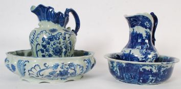 A Victorian style blue and white Staffordshire type washbowl and jug set stamped to the base