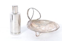 A silver plate bon bon dish together with a cased desert set and a glass lined scent bottle.