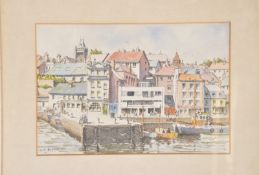 Arthur T Burbery watercolour harbour scene of Mayflower steps Plymouth barbican. H18 W28cm
