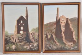 Two vintage 20th century oil on canvas depicting cornish tin mines by Margaret Fox. Measures 39cms