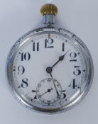 A vintage Bravingtons pocket watch with railway related engravings to reverse. Enamel dial with a