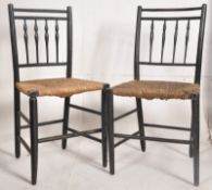 A pair of Regency mahogany ebonised rattan weave country dining chairs having original green