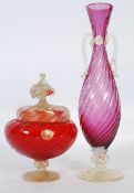 2 pieces of Venetian art glass being aventurine flecked in details, one with cranberry red glass,