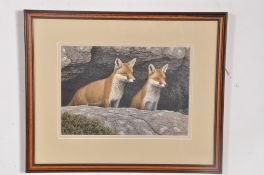 Simon Turvey (Society Of Wildlife Artists) - 1988 - Fox Cubs, painting in acrylic. Framed and
