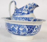 A Spode early 19th century blue and white Chinese Originals Lange LIjsen pattern washbowl and jug
