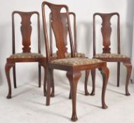 A set of 4 Edwardian Queen Anne mahogany dining chairs. Cabriole legs with pad feet having drop in