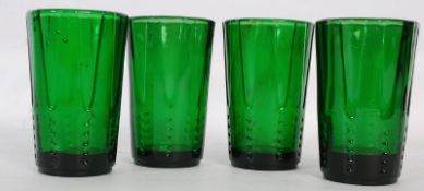 A set of 4 vintage coloured glass lemonade glasses with bubble inclusions with shaped sides