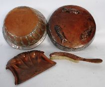 Four items of copperware including Beldray Art Noveau crump tray & brush, wall plaque decorated