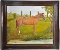 A framed oil on canvas painting of a horse in a country landscape scene signed NV Jerram 1993.