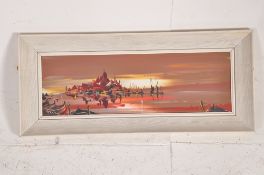 Abstract oil on board seascape with Island and boats signed bottom left corner 60cms x 20 cms