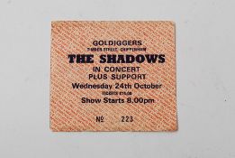 THE SHADOWS: A vintage concert ticket for The Shadows live at Goldiggers, Chippenham, bearing