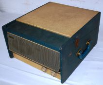 A portable Cossar record player in blue and cream colouring
