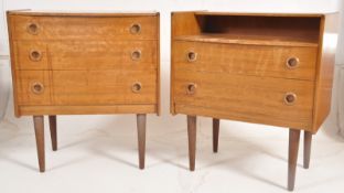 A good pair of retro teak Danish ladies and gents bedside chests of drawers. Both raised on