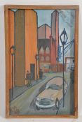 A 1960's oil on board painting of a street scene in the manner of Lowry, Signed in the corner DH